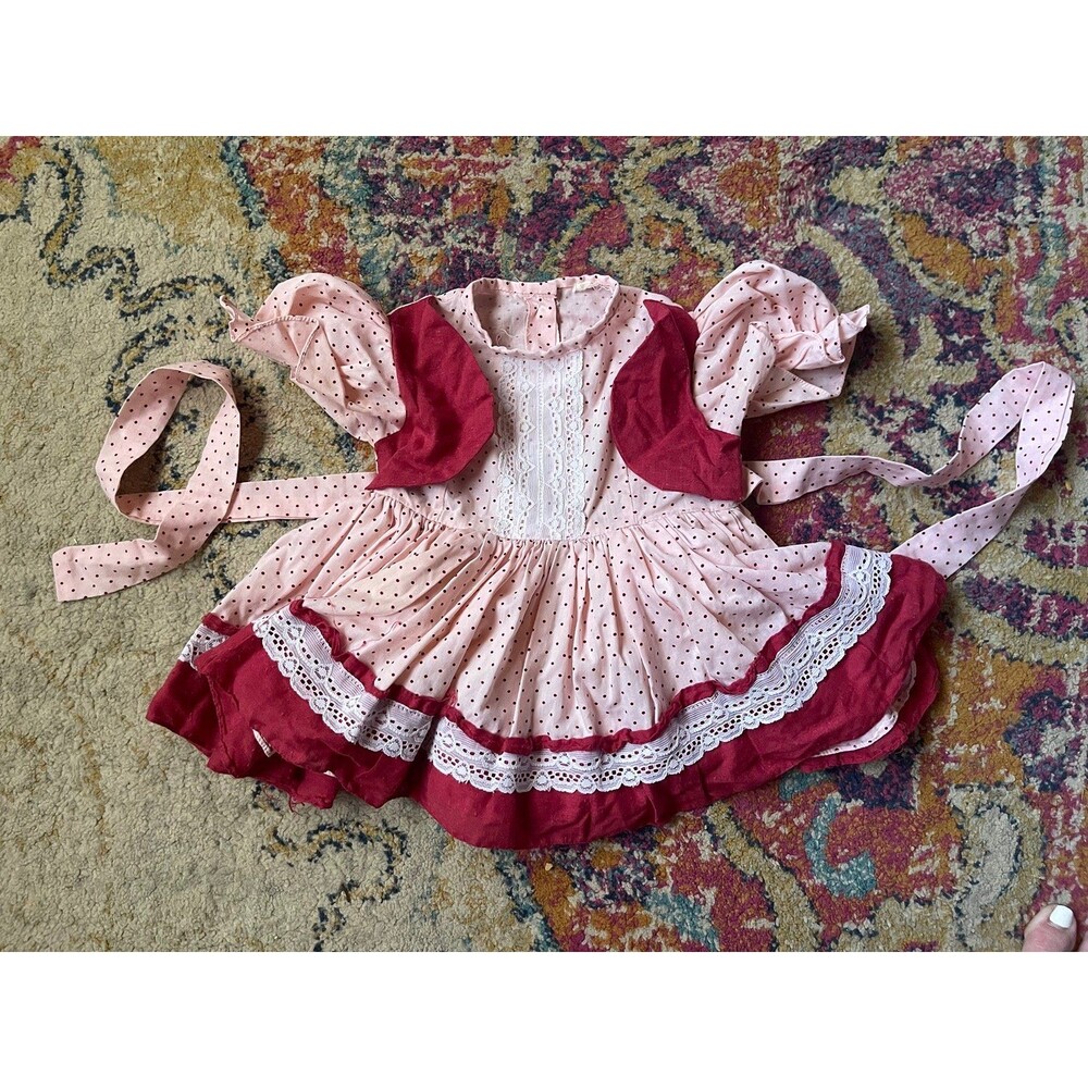 Vintage Toddler Girls Pink & Red Polka Dot Ruffle Dress